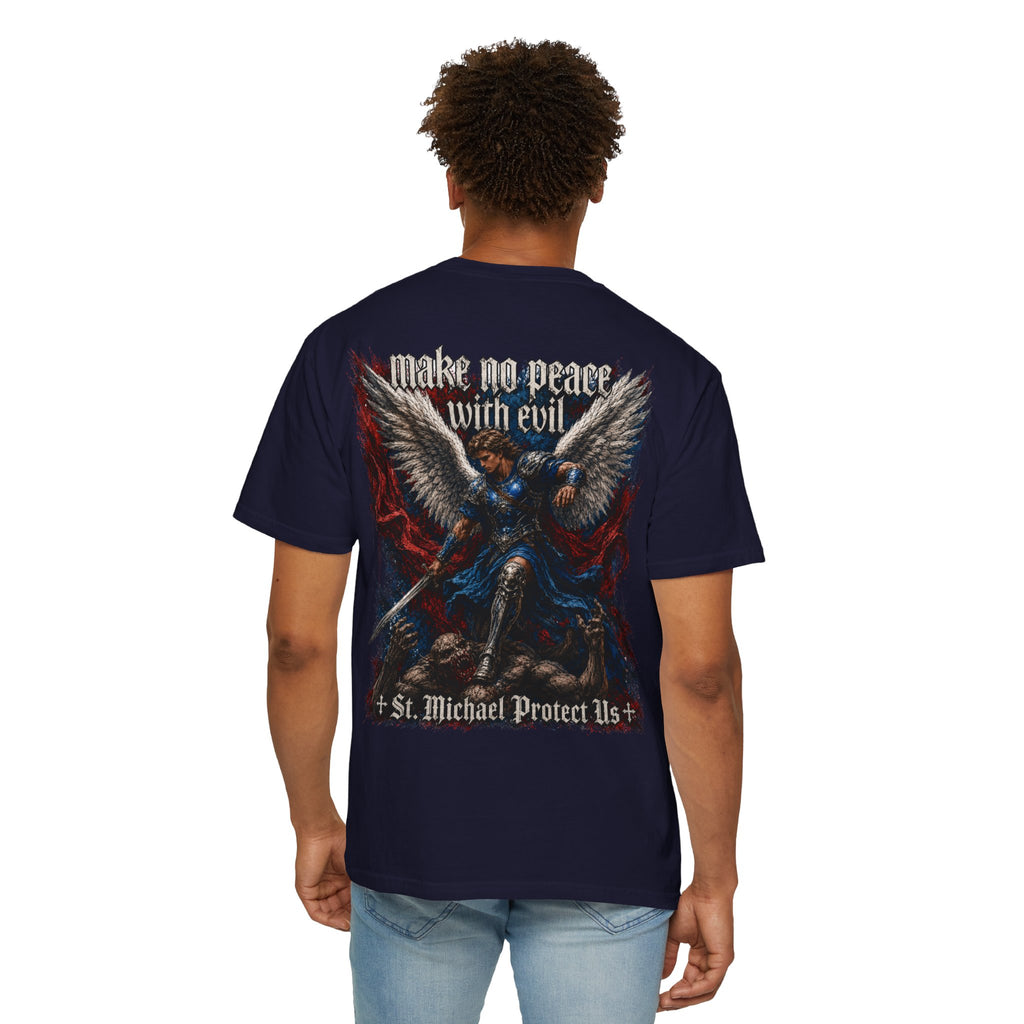 St. Michael 'Make No Peace With Evil' T-Shirt — Revelations 12:7-9 Christian Tee