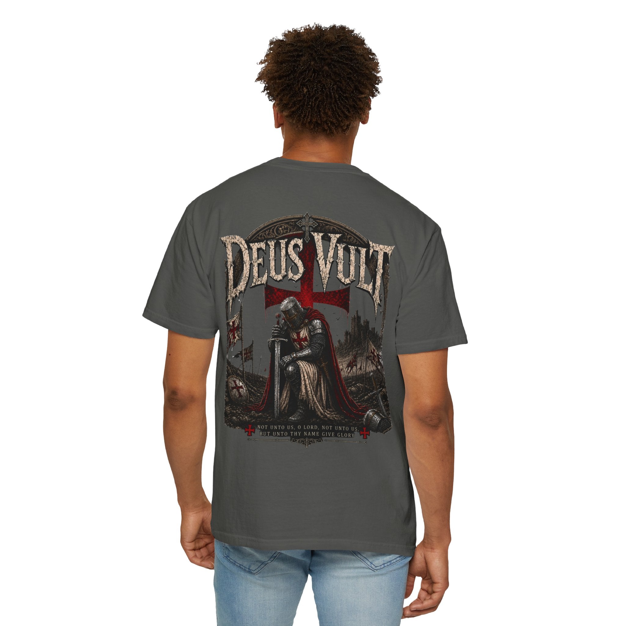 Christian Crusader T-Shirt — "Deus Vult" Psalm 115:1 Graphic Tee