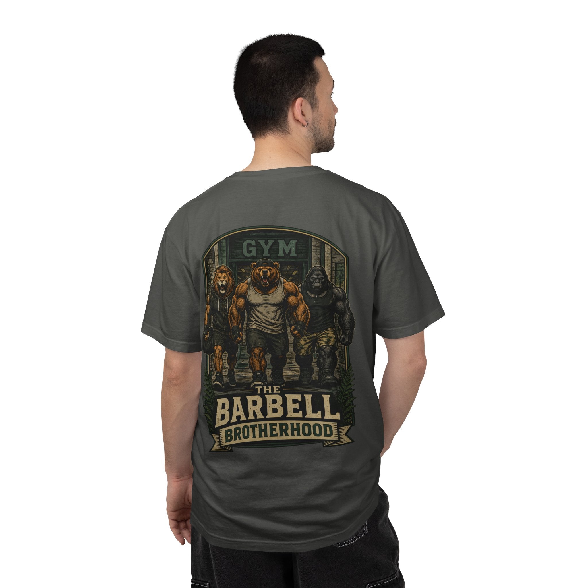 Barbell Brotherhood Weightlifting Tee — Lion, Bear & Gorilla Gym Shirt