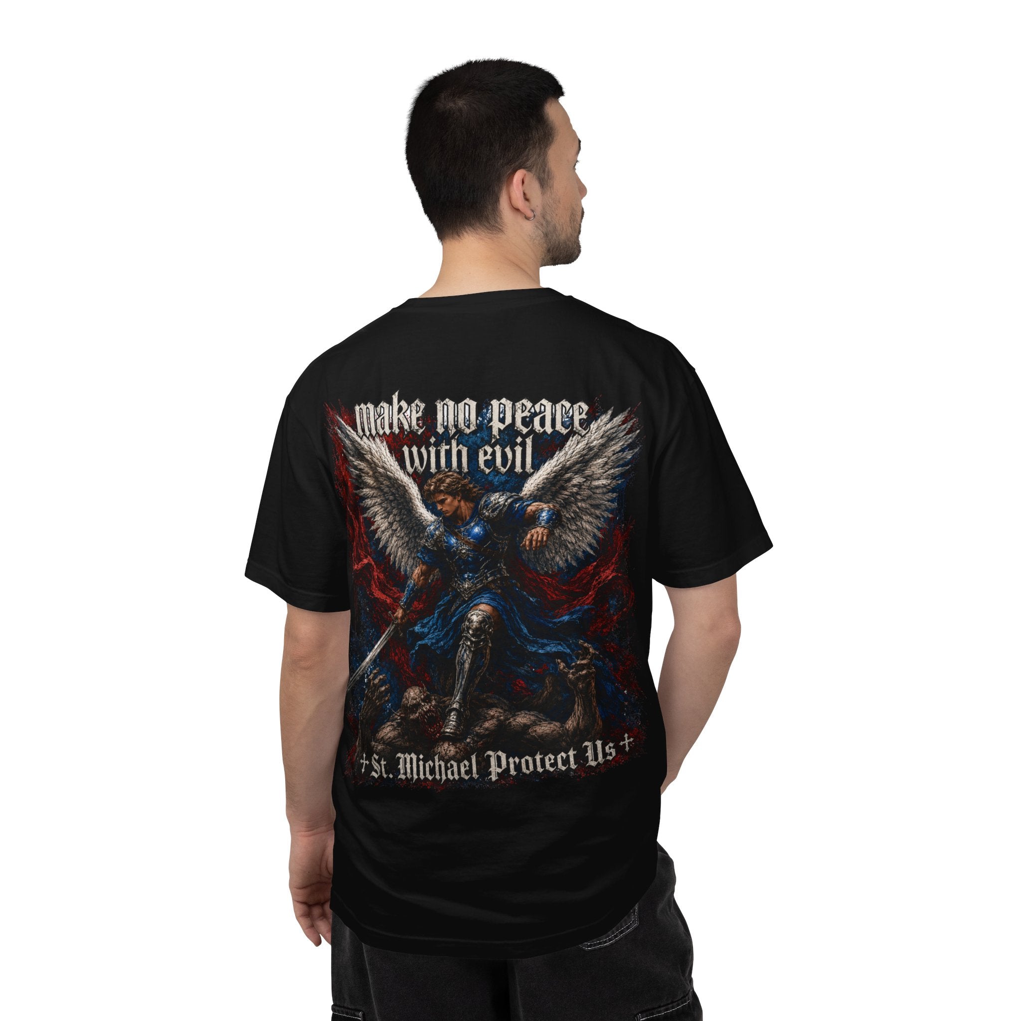 St. Michael 'Make No Peace With Evil' T-Shirt — Revelations 12:7-9 Christian Tee
