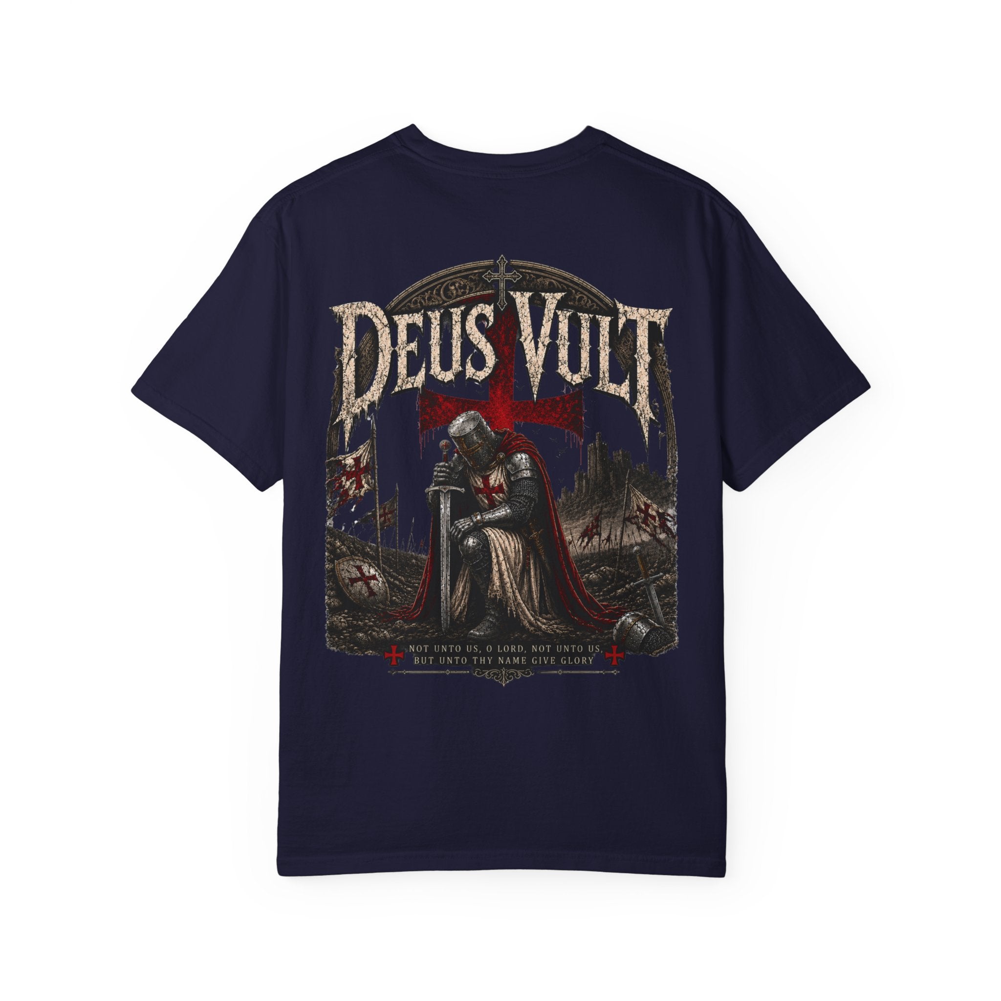 Christian Crusader T-Shirt — "Deus Vult" Psalm 115:1 Graphic Tee