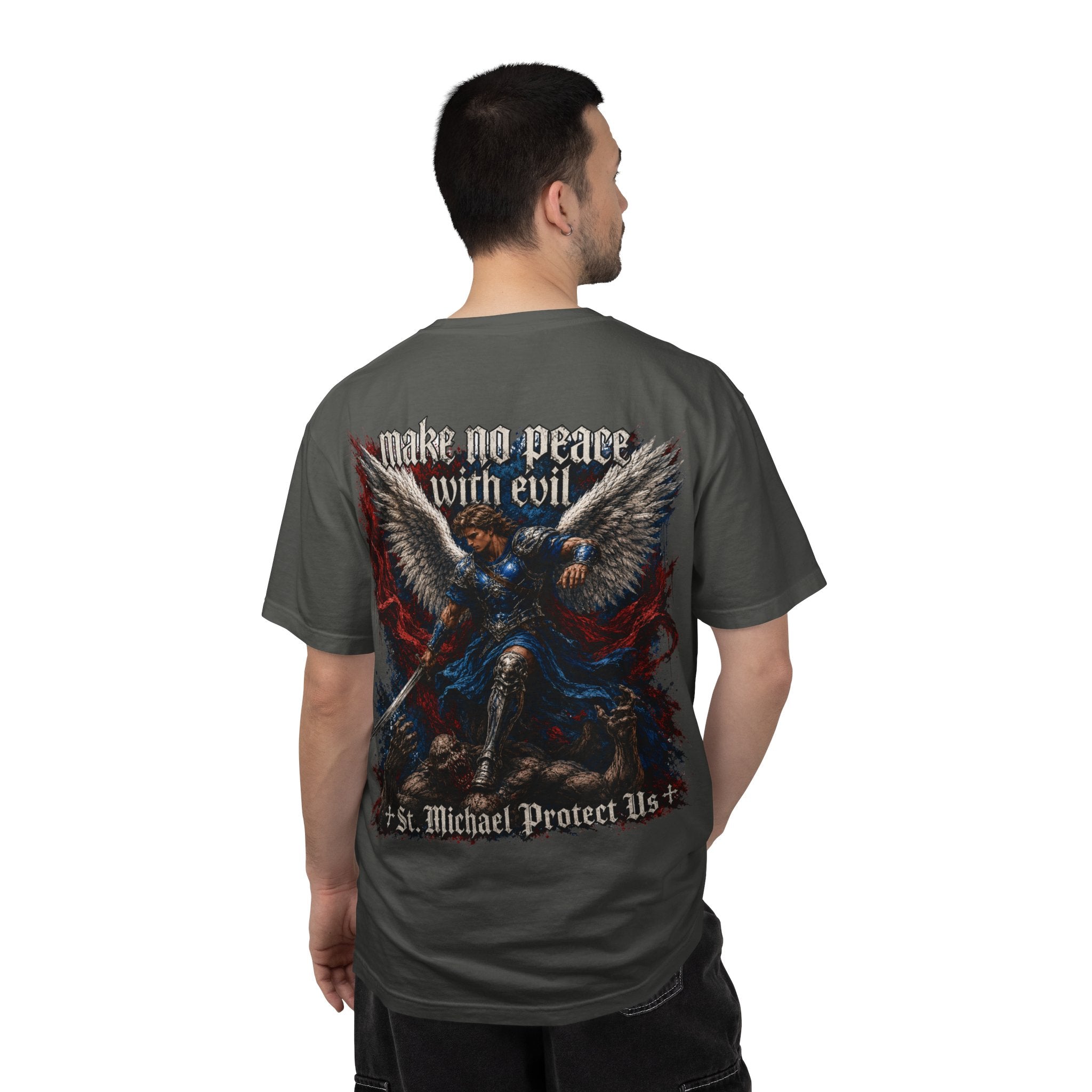St. Michael 'Make No Peace With Evil' T-Shirt — Revelations 12:7-9 Christian Tee