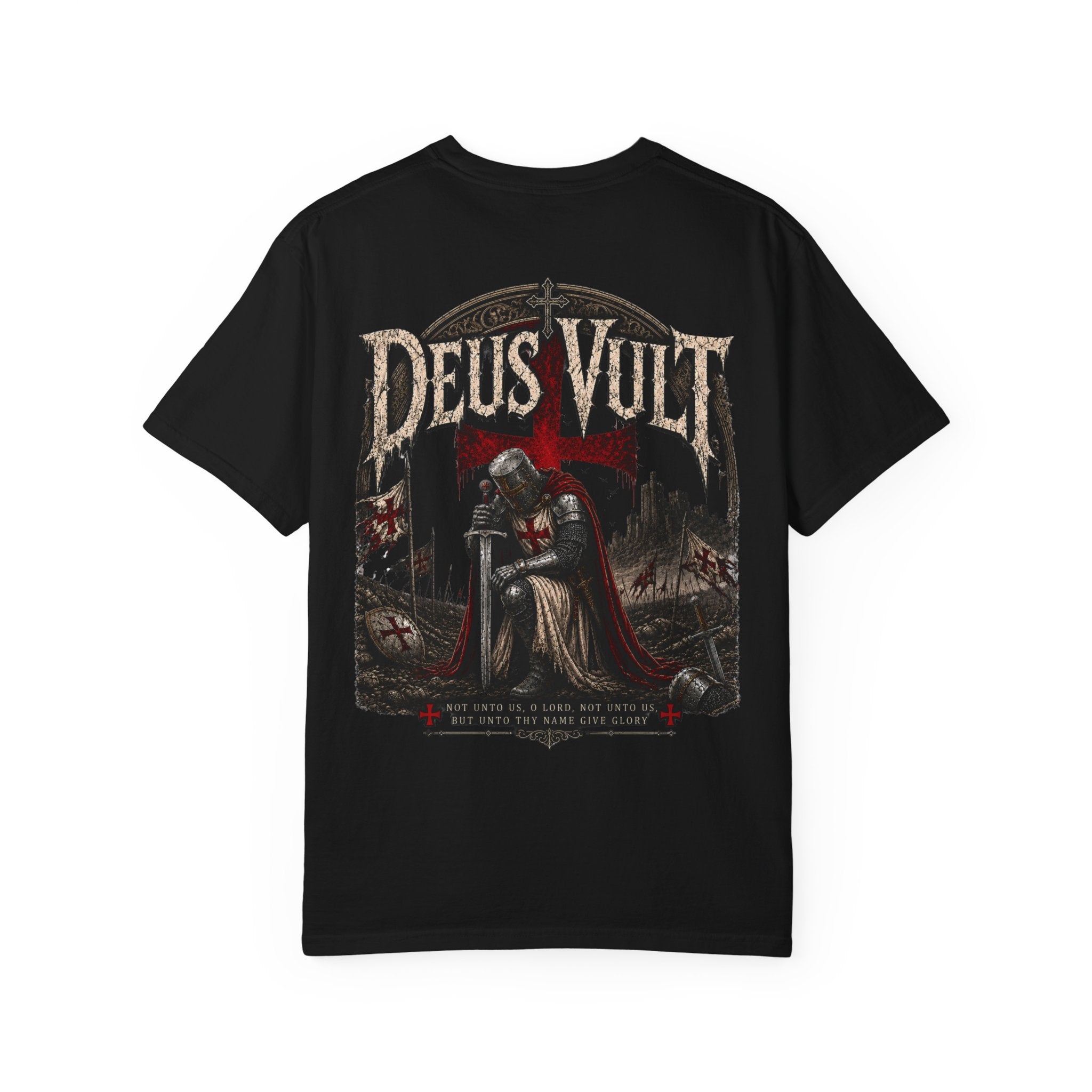 Christian Crusader T-Shirt — "Deus Vult" Psalm 115:1 Graphic Tee