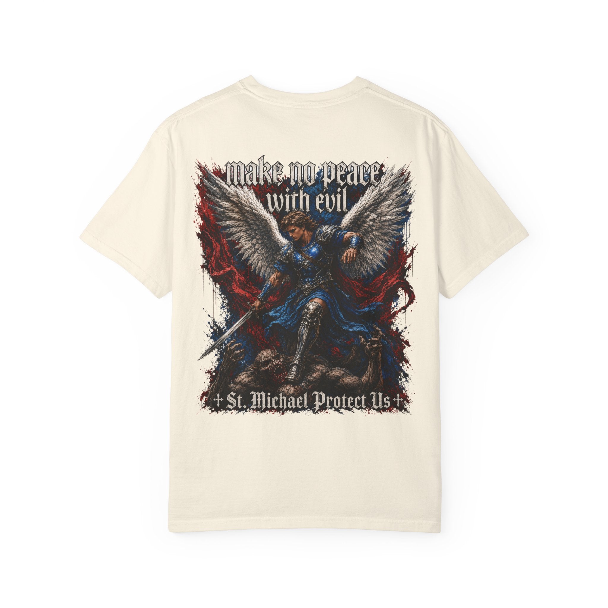 St. Michael 'Make No Peace With Evil' T-Shirt — Revelations 12:7-9 Christian Tee