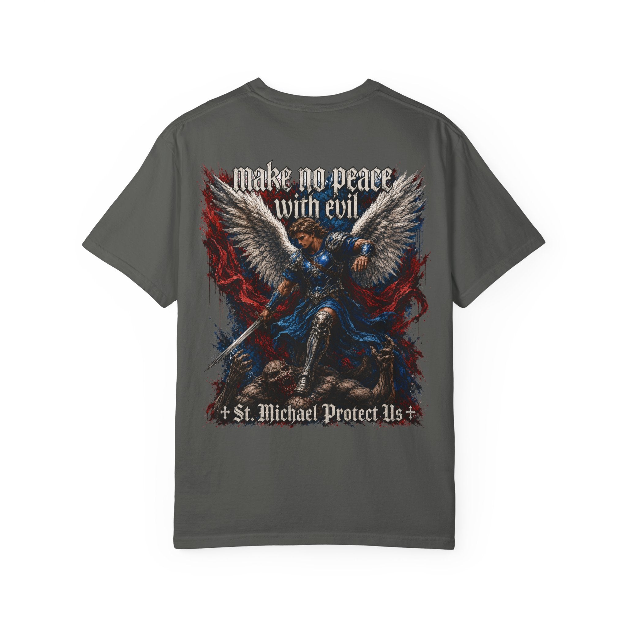 St. Michael 'Make No Peace With Evil' T-Shirt — Revelations 12:7-9 Christian Tee
