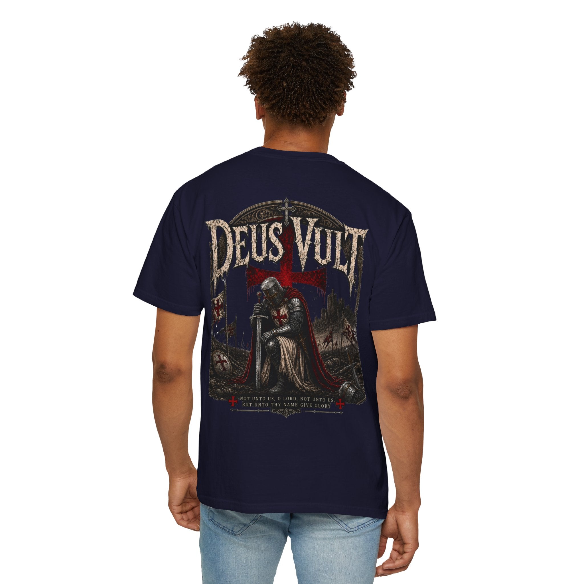 Christian Crusader T-Shirt — "Deus Vult" Psalm 115:1 Graphic Tee