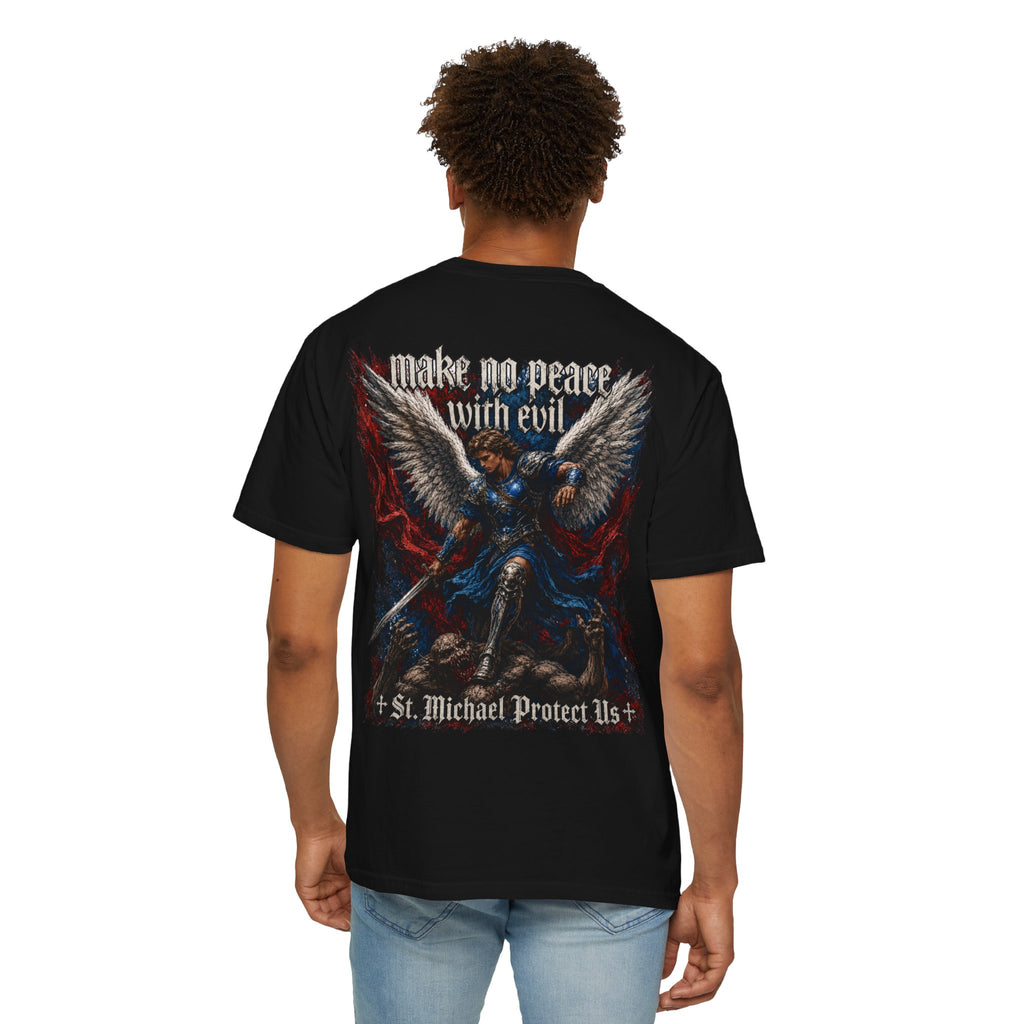 St. Michael 'Make No Peace With Evil' T-Shirt — Revelations 12:7-9 Christian Tee