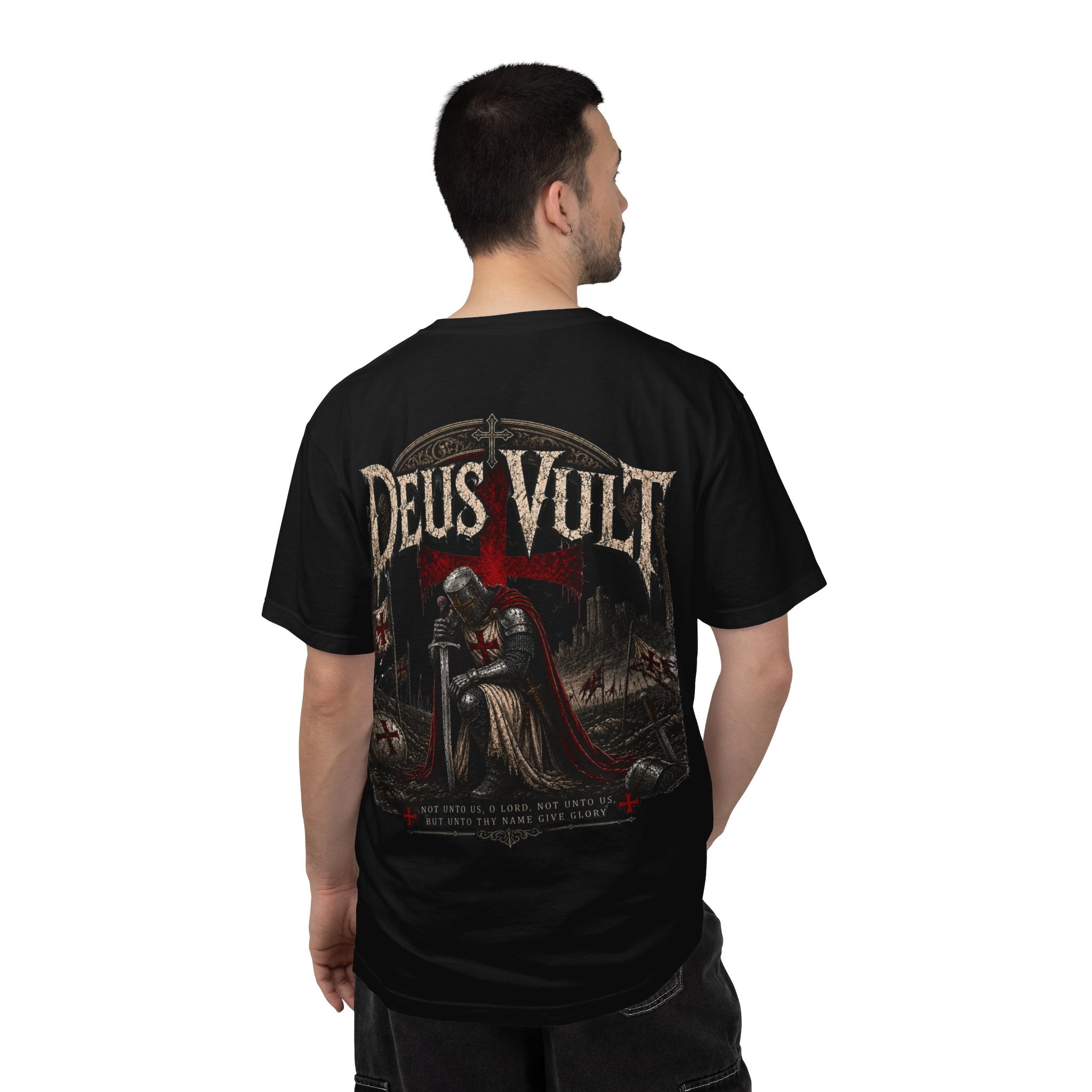 Christian Crusader T-Shirt — "Deus Vult" Psalm 115:1 Graphic Tee