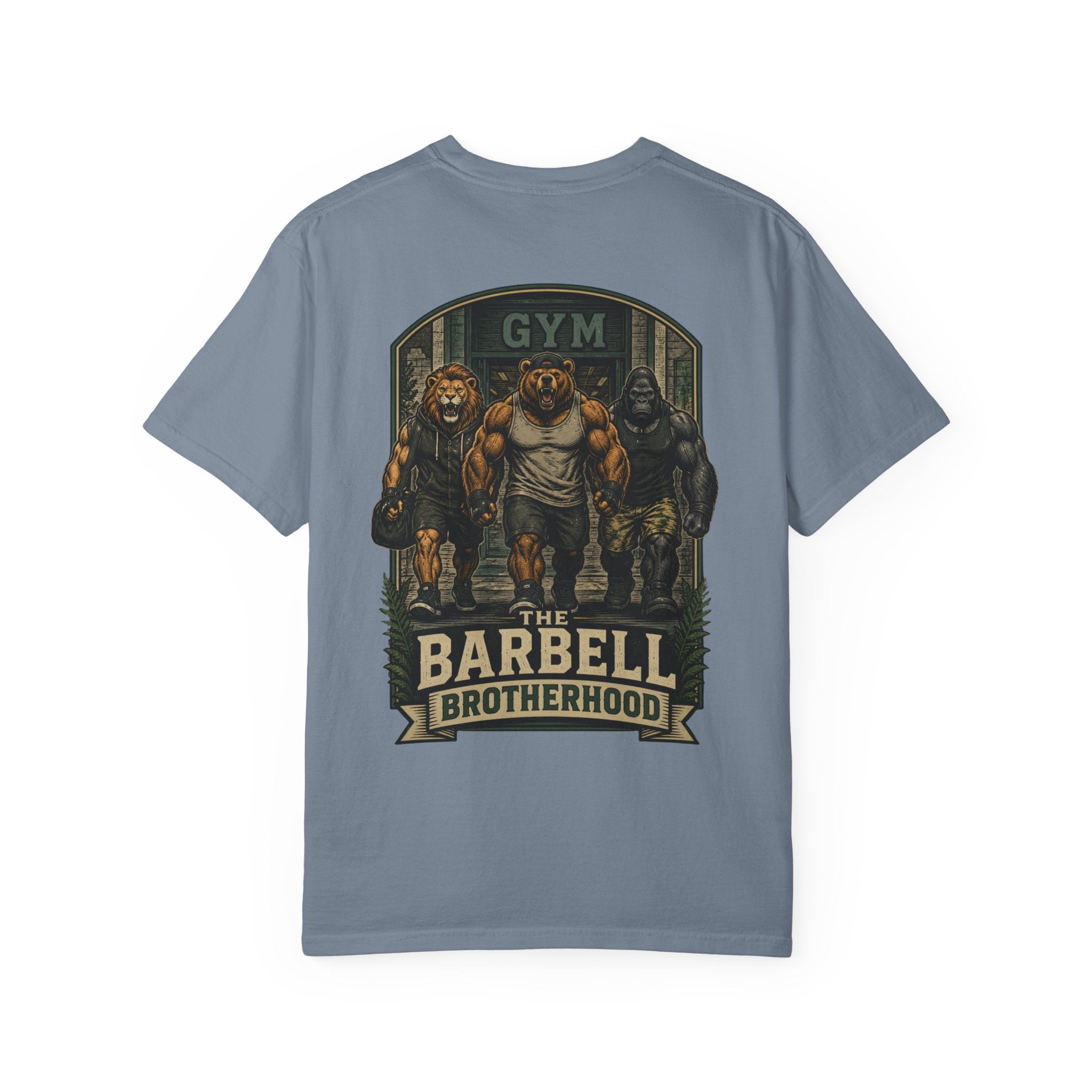 Barbell Brotherhood Weightlifting Tee — Lion, Bear & Gorilla Gym Shirt