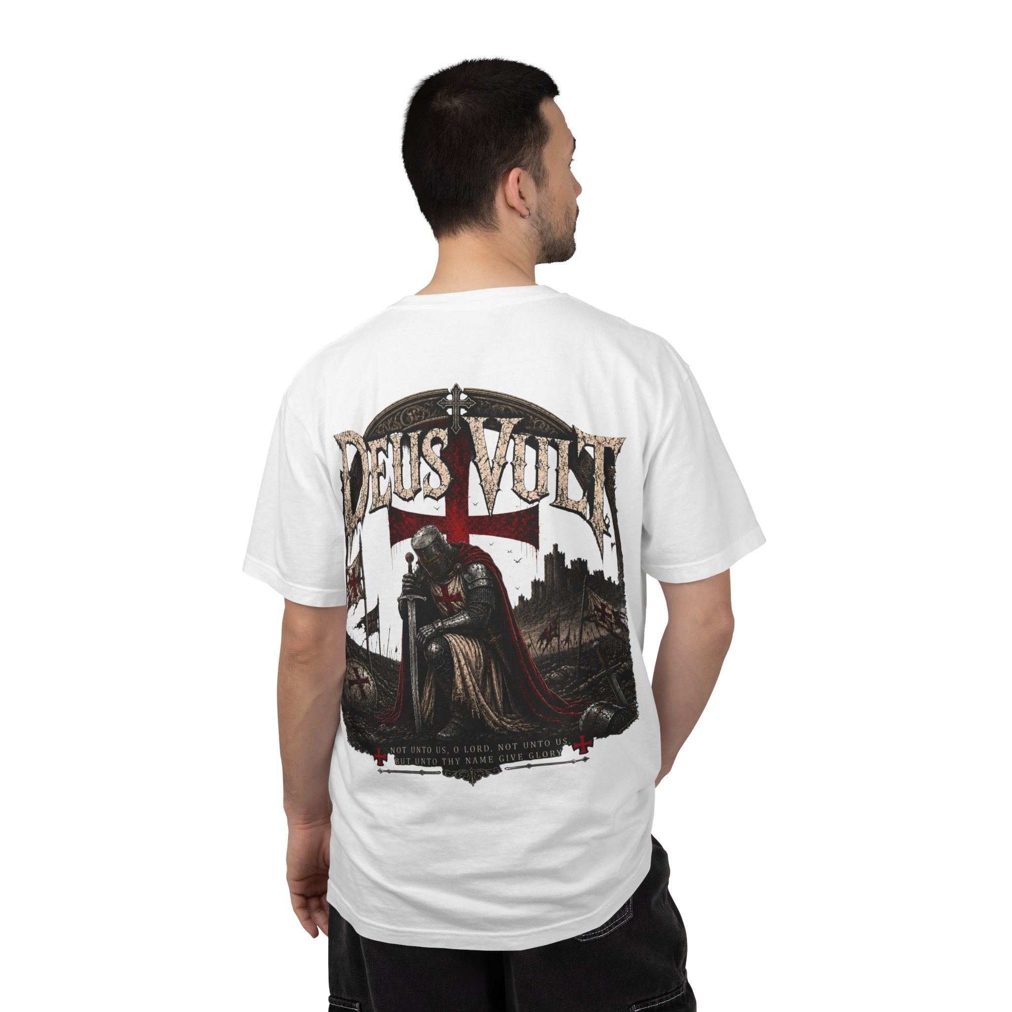 Christian Crusader T-Shirt — "Deus Vult" Psalm 115:1 Graphic Tee