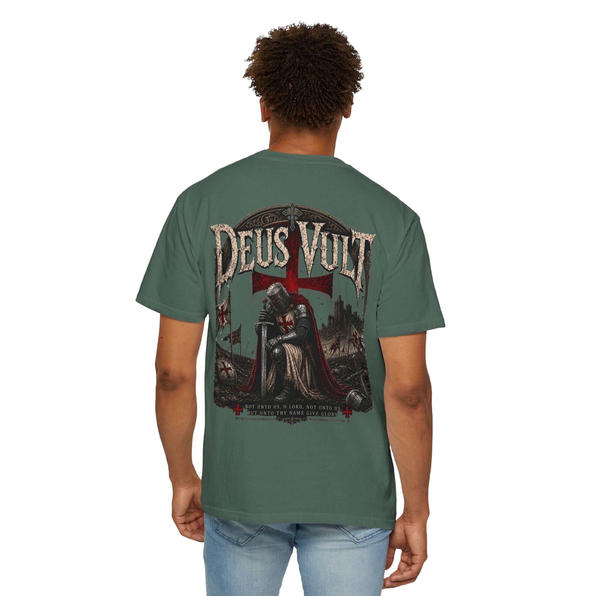 Christian Crusader T-Shirt — "Deus Vult" Psalm 115:1 Graphic Tee