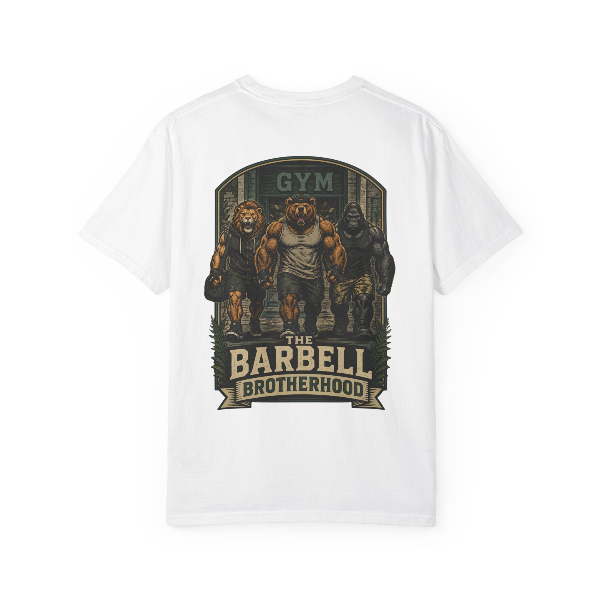 Barbell Brotherhood Weightlifting Tee — Lion, Bear & Gorilla Gym Shirt