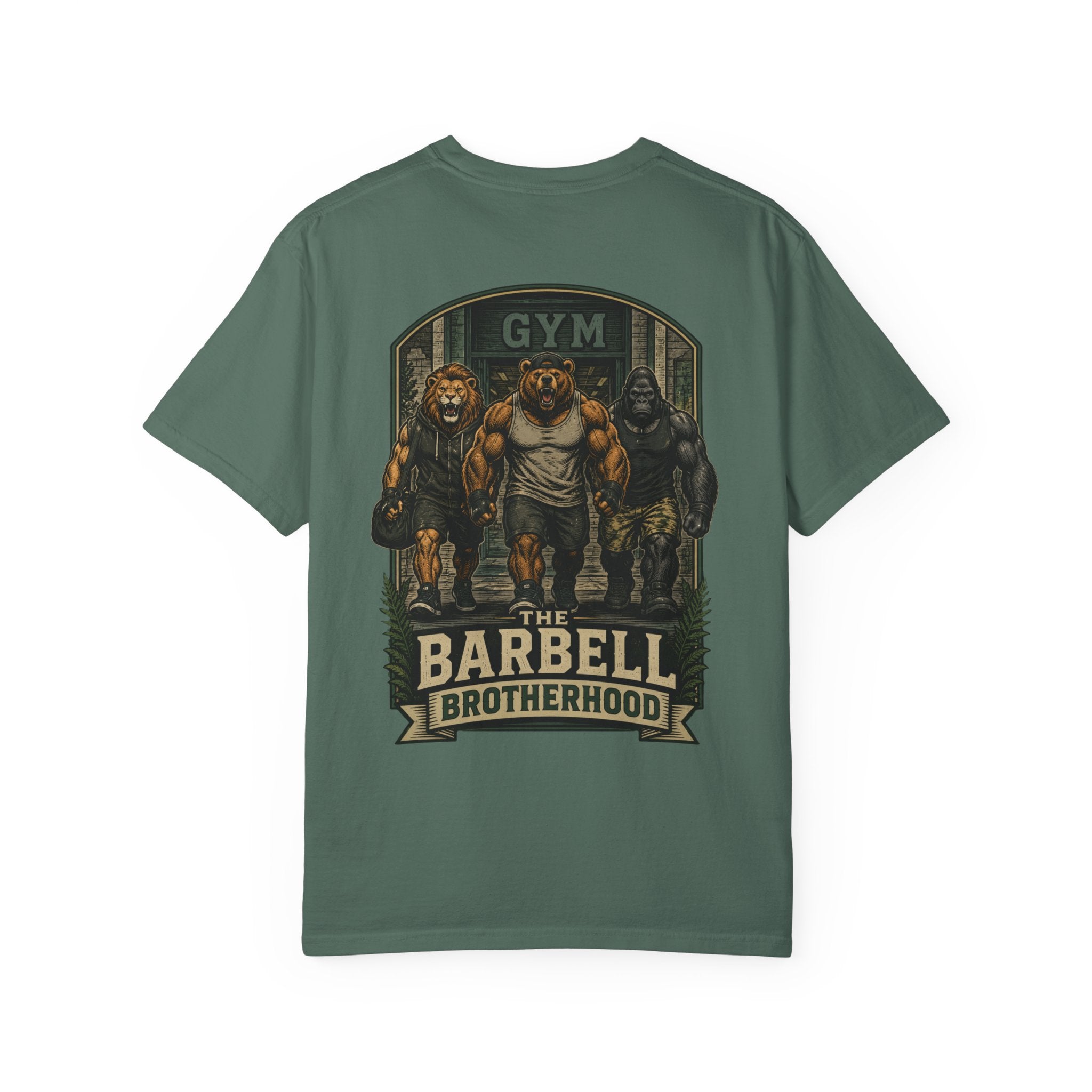 Barbell Brotherhood Weightlifting Tee — Lion, Bear & Gorilla Gym Shirt