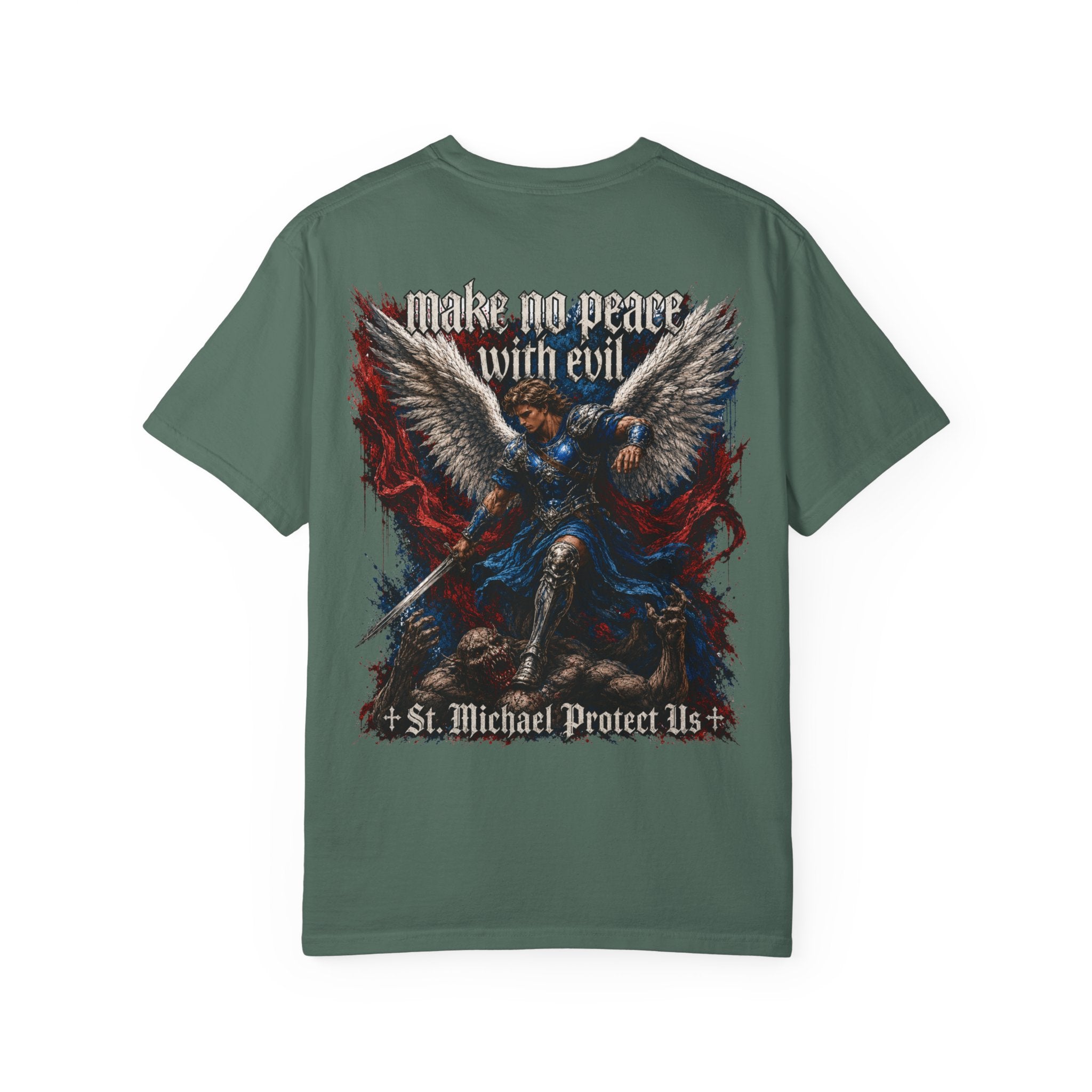 St. Michael 'Make No Peace With Evil' T-Shirt — Revelations 12:7-9 Christian Tee