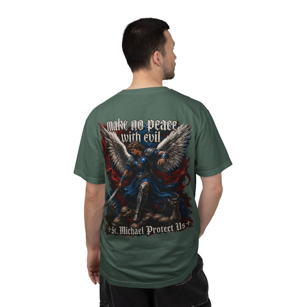 St. Michael 'Make No Peace With Evil' T-Shirt — Revelations 12:7-9 Christian Tee
