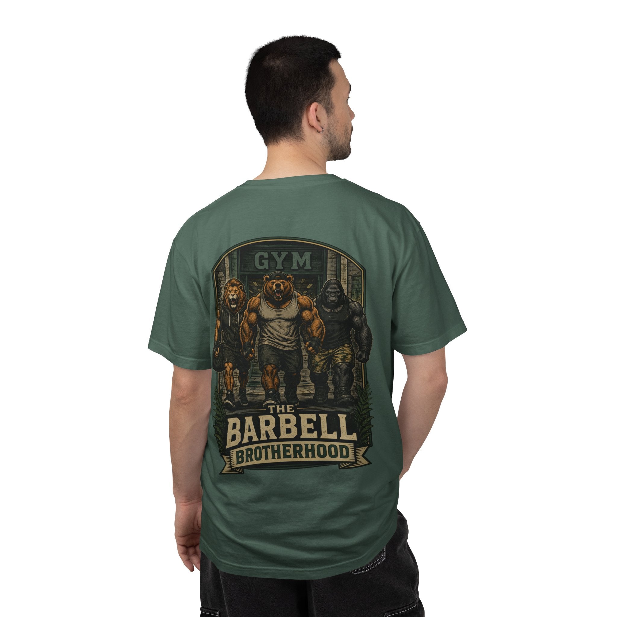 Barbell Brotherhood Weightlifting Tee — Lion, Bear & Gorilla Gym Shirt