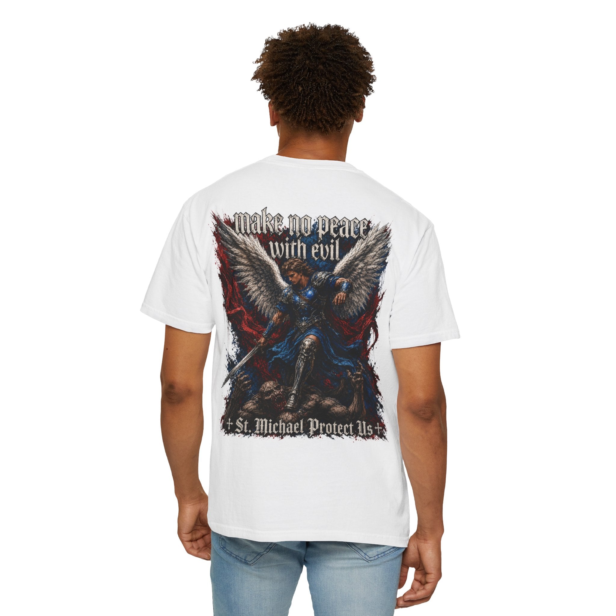 St. Michael 'Make No Peace With Evil' T-Shirt — Revelations 12:7-9 Christian Tee